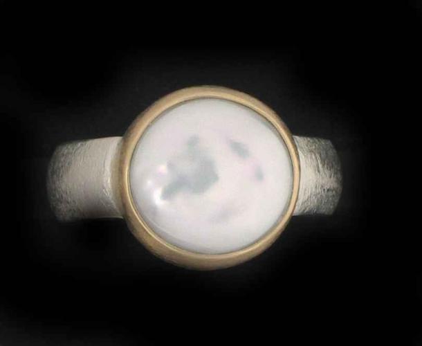 R-105 Flat Button Pearl Ring set in 14K Gold, Sterling Silver by Kenneth Pillsworth