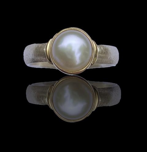 R-123 White Pearl Ring Sterling and 14K Gold by Kenneth Pillsworth