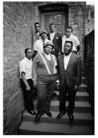 Otis Spann, Willie Mae "Big Mama" Thornton, Muddy Waters, James Cotton, Luther "Guitar Jr." Johnson, Frances Clay & Samuel Lawhorn, Backstairs of the Boarding House Club, San Francisco, 1965 by Jim Marshall
