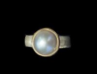 R-295 Grey Pearl Sterling and 14K Gold Ring by Kenneth Pillsworth