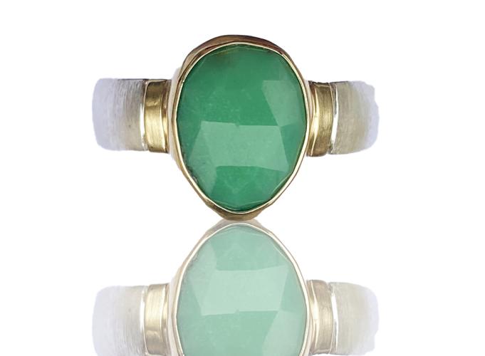 R-297 Chrysoprase Sterling and 14K Gold Ring by Kenneth Pillsworth
