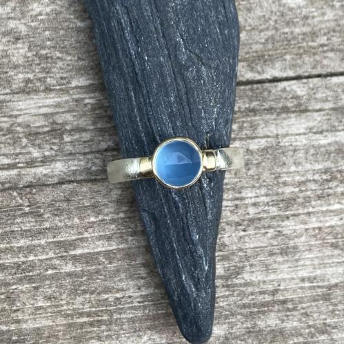 R-196 Blue Chalcedony Sterling Silver and 14K Gold Ring by Kenneth Pillsworth